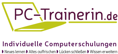 Grafik von einem Laptop und Schriftzug pc-trainerin.de und dem Schulungsmotto